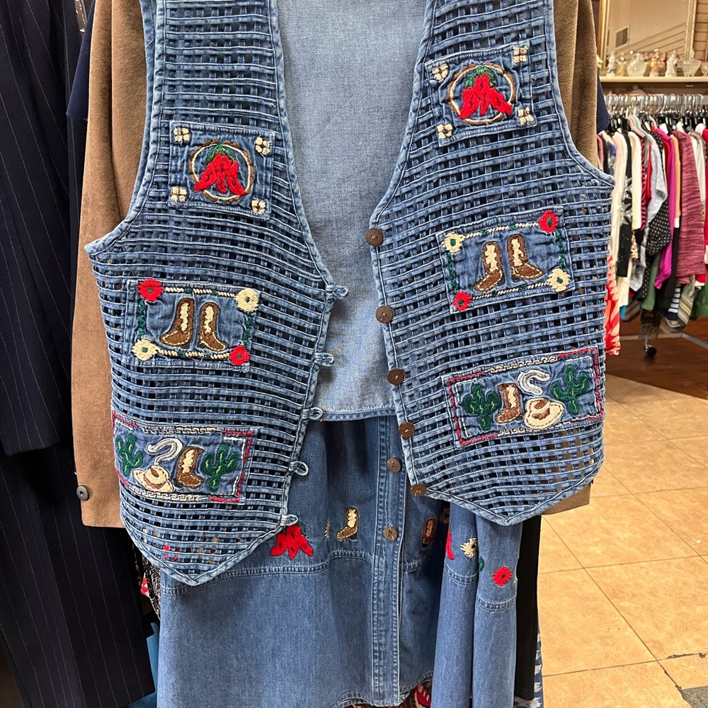 Embroidered Denim Vest and Skirt Set